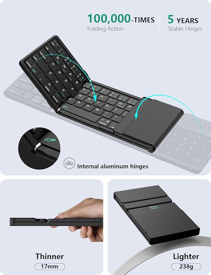Nillkin Foldable Bluetooth Keyboard with Touchpad & Number Pad, Portable Bluetooth Keyboard with Full Size Keys, Pocket-Sized Wireless Travel Keyboards for iPad, Smartphone, Tablet and Laptop Black