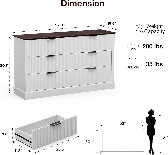 Dresser for Bedroom with 6 Fluted Drawers, 51.9" Wide Chest of Drawers with Mid-Century Design, Wood Dresser for Closet with Metal Handle, White & Walnut
