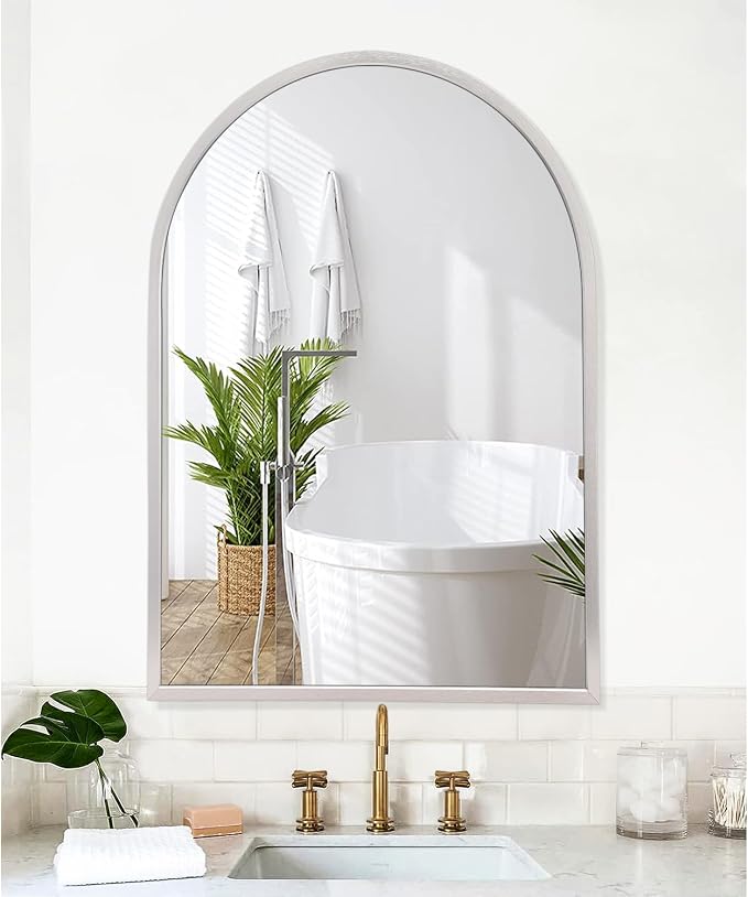 Arched Bathroom Mirror, 28"x20" Arch Metal Framed Mirror for Wall, Decor Vanity Mirror for Living Room Bedroom Entryway Silver