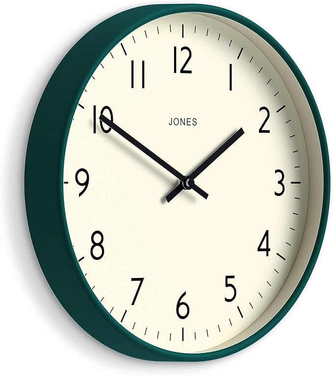 JONES CLOCKS® Studio wall Clock | Modern Round Style | 12 inch | Dark Green | Easy to Read Numbers | Versatile Design for Kitchen, Living Room or Office
