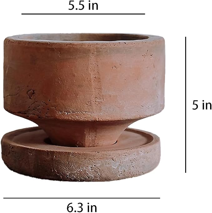 6" Rustic Weathered Terracotta Plant Pot with Saucer, Breathable Clay Planter, Mid-Century Modern Home & Garden Decor