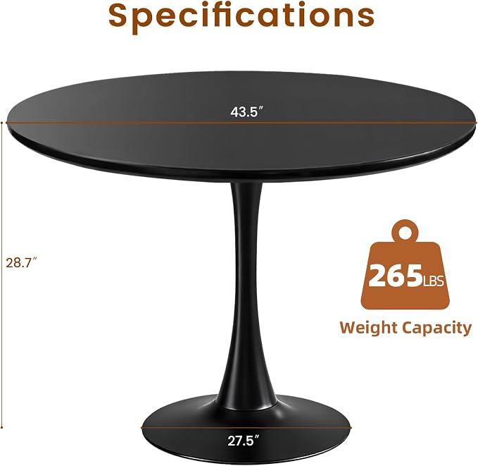 Round Dining Tulip Table for 4, Mid-Century Modern Table with Sturdy Metal Pedestal for Kitchen, Bistro, Cafe, Leisure (Black, 43.5 INCH)
