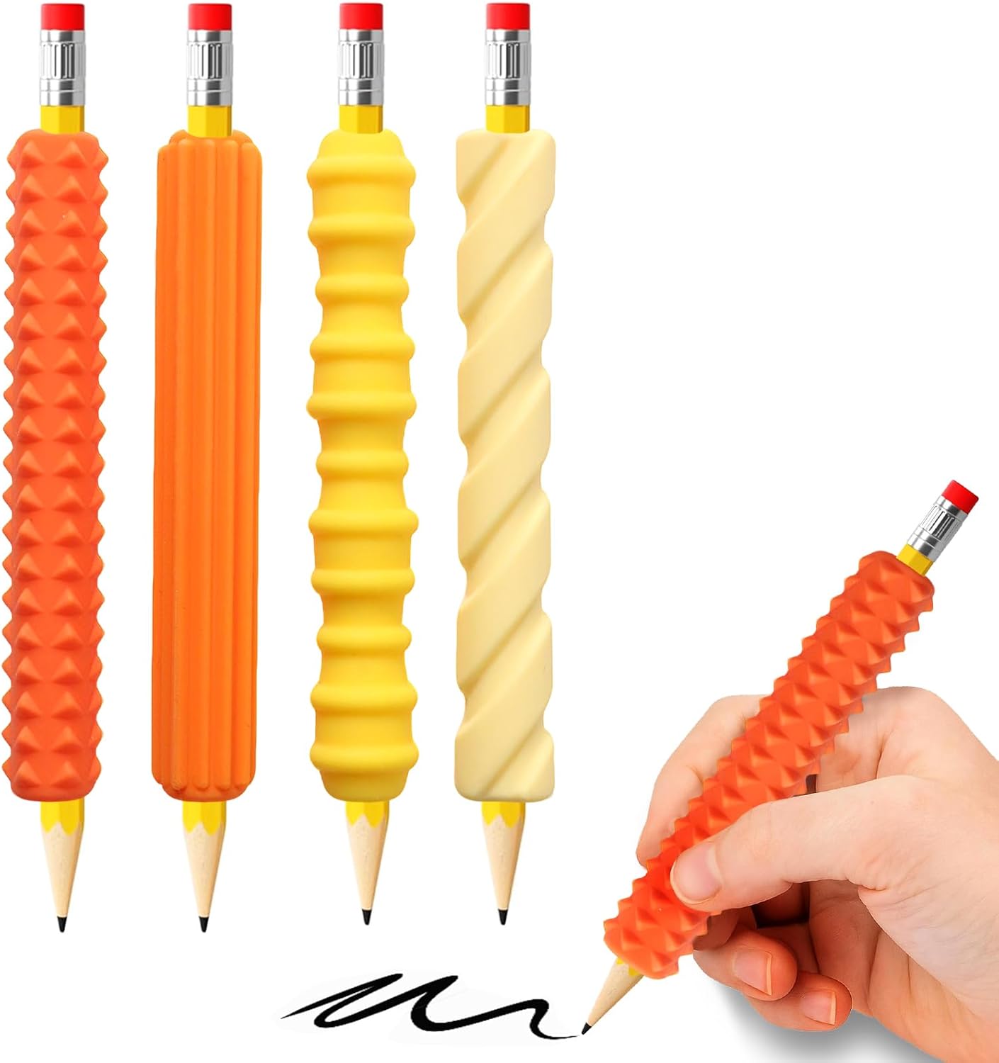 Skiennix Pencil Grips - 4-Pack Textured Silicone Sleeves for Mechanical Pencils | Sensory Fidget Tool for Kids & Adults (Yellow)