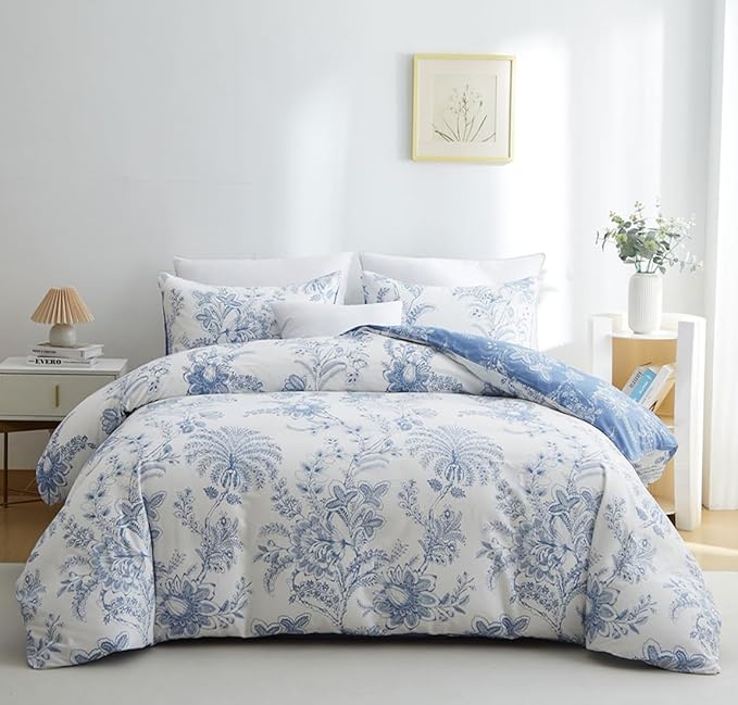 Nayoroom Floral Duvet Cover Set Queen Size Cottagecore White Blue Flower Leaf Comforter Cover 3Pcs Soft Breathable Microfiber Pastoral Garden Aesthetic Bedding Set with Zipper Closure