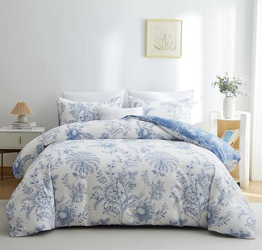 Nayoroom Floral Duvet Cover Set King Size Cottagecore White Blue Flower Leaf Comforter Cover 3Pcs Soft Breathable Microfiber Pastoral Garden Aesthetic Bedding Set with Zipper Closure