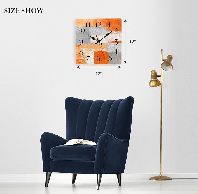 ArtSocket Wooden Wall Clock Silent Non-Ticking, Abstract Orange Grey Geometric Minimalist Checkered Square Rustic Wall Clocks Decor for Home Kitchen Living Room Office, Battery Operated(12 Inch)