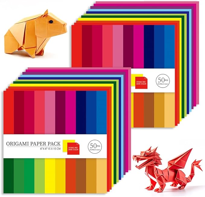 Origami Paper Kit 100 Sheets 70GSM 6 Inch Square Double Sided Color 50 Vivid Solid Colors for Hand Crafts Origami Paper Arts Creativity. Solid Color
