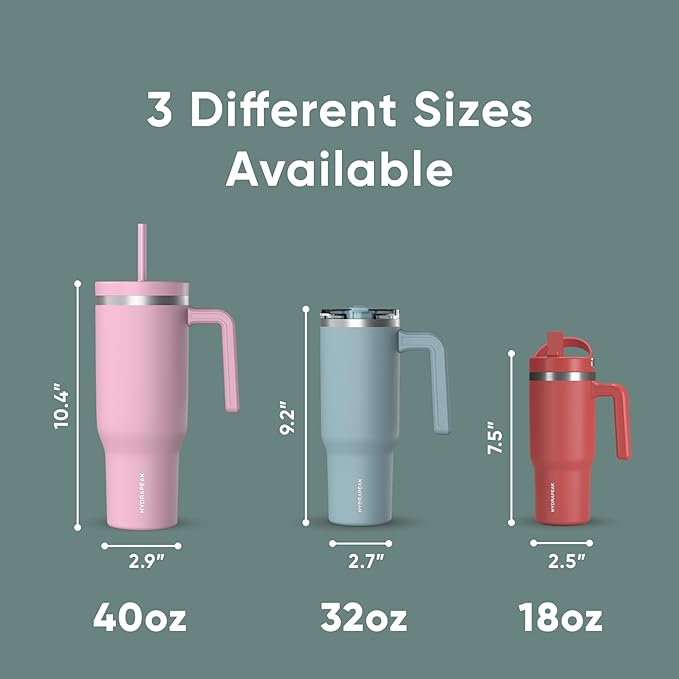 Hydrapeak Voyager 40 Oz Stainless Steel Tumbler with Handle, Insulated Water Bottle With Straw & Lid, Cupholder Friendly Reusable Travel Mug (Pale Sage)