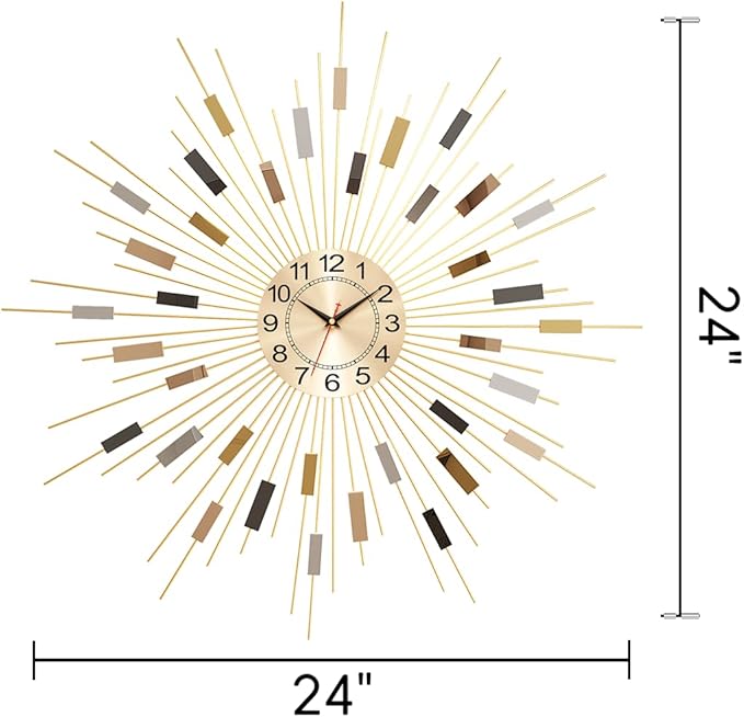 24" Large Sunburst Wall Clock, Boho Modern Farmhouse Metal Decorative Clock, Silent Non‑Ticking Battery Powered, Mid‑Century Starburst Art Decor for Living Room Bedroom Office Home