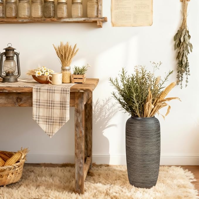 Vintage Ceramic Floor Vase – 15.7 Inch Distressed Glazed Oversized Floor Urn, Rustic Country Decor for Entryway, Living Room & Corner