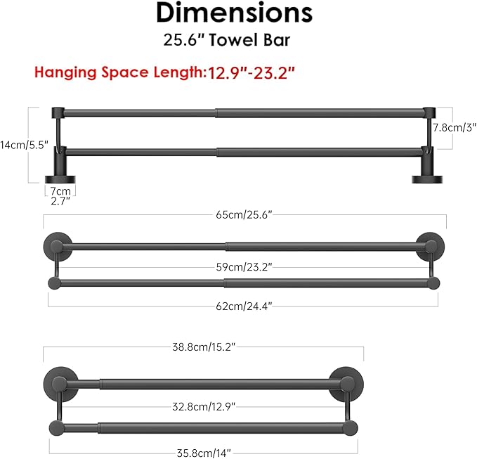 BESy Adjustable 16-26 Inches Double Bath Towel Bar for Bathroom SUS304 Stainless Steel Towel Holder, Hotel Style Wall Mount with Screws Hand Towel Bar Towel Rack Rod Hanger, Matte Black Finish