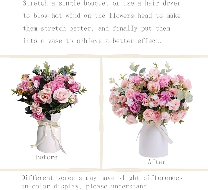 LESING Artificial Silk Rose with Vase Fake Flowers Wedding Flowers Bouquets Arrangement Home Office Party Centerpiece Table Decoration (Pink)