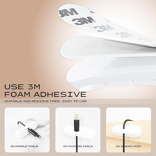 USB Cable Organizer Clips Cord Holder,12 Packs (3-Slots) White Self Adhesive Desk Cord Cable Management