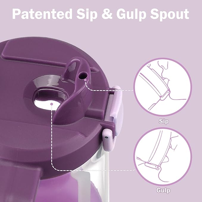 32oz Glass Water Bottle, 2-in-1 Straw and Sip Spout Lid, Leakproof Wide Mouth Tumbler with Handle, BPA-Free Reusable Bottle for Sports, Office, Outdoor, Lilac