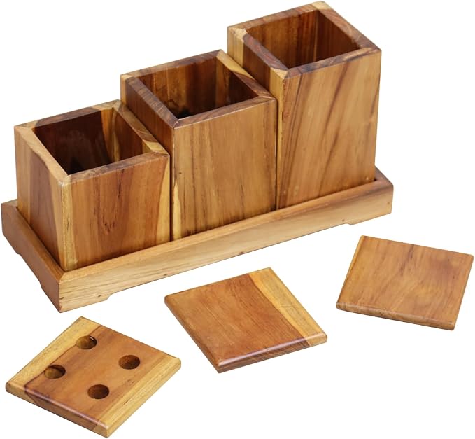 EcoDecors, Eleganto, 7 Piece, Teak Wood Bathroom Amenities Set, Teak Bath Amenity Set, Bathroom Accessory, in Natural Color