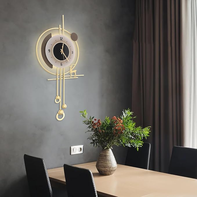Wall Clock for Living Room, Large Gold Wall Clock with LED Light, Modern Decor Silent Non-Ticking Metal Clock for Living Room, Kitchen, Dining Room, Bedroom, Battery Operated,13.78 * 27.56in