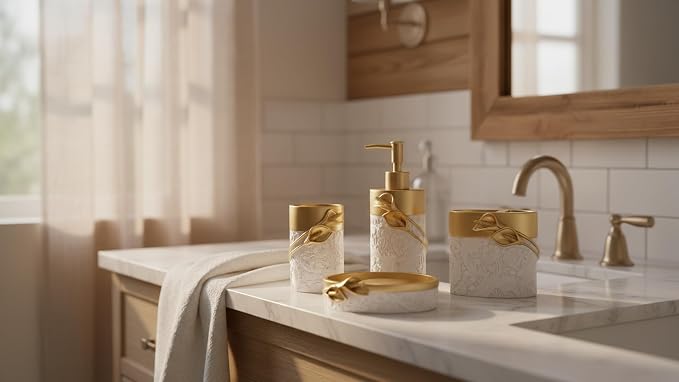 Hymmah Bathroom Accessories Set,Golden Design Toothbrush Holder,Farmhouse Bathroom Decor,4 Pcs Resin Gift Set Apartment Necessities, Contain Toothbrush Cup,Soap Dispenser,Soap Dish,Tumbler