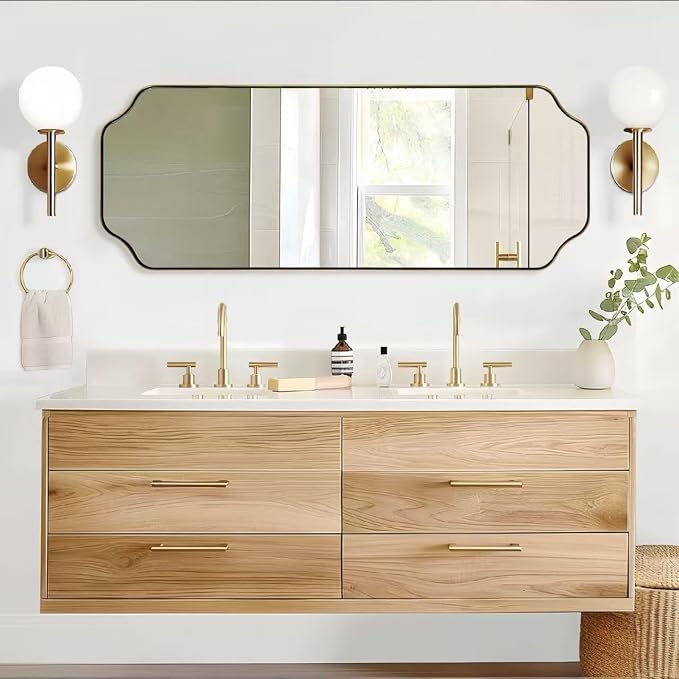 ANDY STAR 18" x 48" Full Length Wall Mirror, Large Brushed Gold Bathroom Mirror for Wall, Scalloped Corner Rectangle Body Mirror for Floor and Leaning