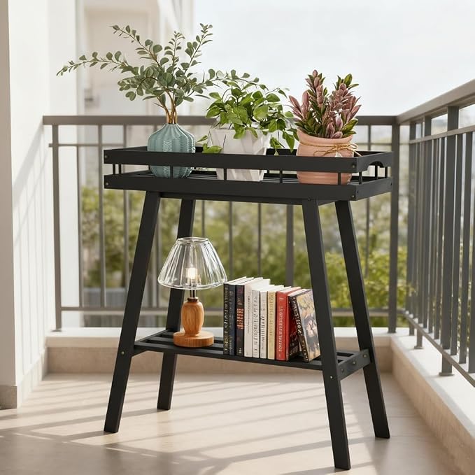 BAMBANG Bamboo Plant Stand Indoor, 2 Tier Small Plant Table, Tall Plant Stand for Indoor Plants, Window Sill Plant Shelf, Flower Pot Holder Plant Bench Plant Rack for Living Room, Black