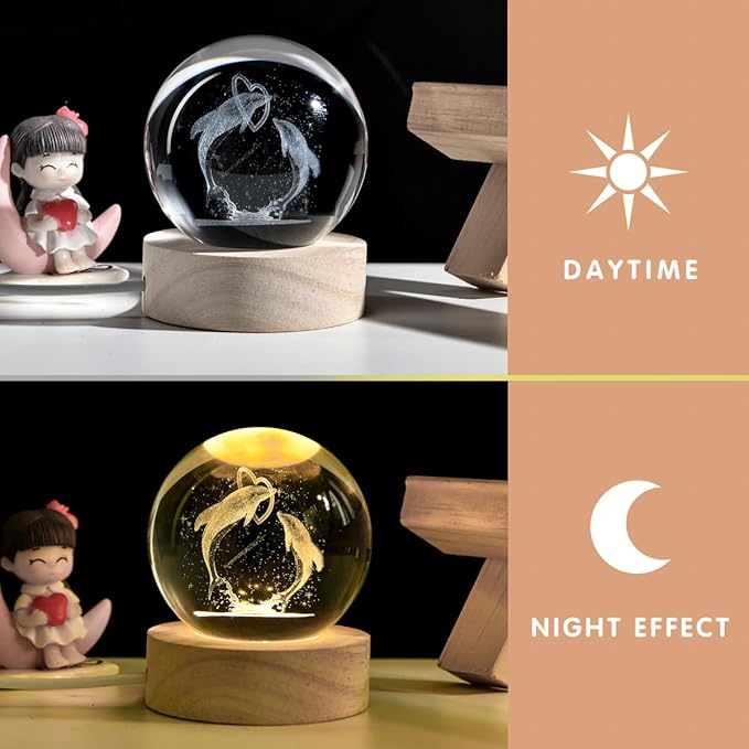 3D Laser Engraved Dolphin Crystal Ball, Romantic Dolphin & Heart LED Night Light, 60mm Sea Animal Figurines Decor Glass Sphere Lamp Gifts for Women Kids Mom