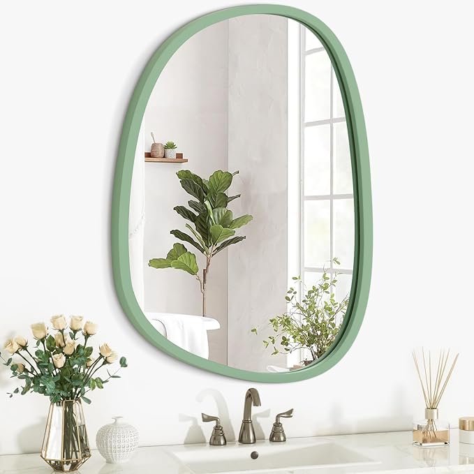 Green Asymmetrical Mirror Irregular Oval Wall Mirror Wood Frame Unique Shape Modern Wall Mounted Vanity Artistic Mirror for Living Room Bedroom Bathroom Entryway Decorative 14"x10"