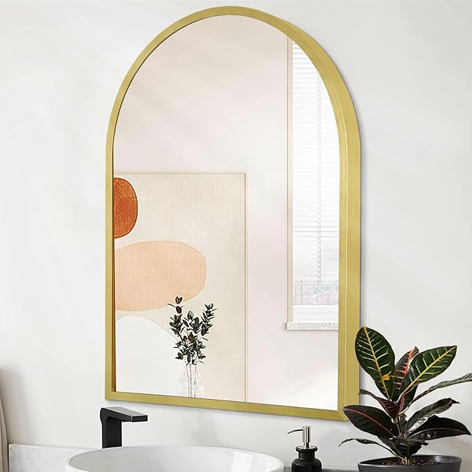Arched Wall Mirror Aluminum Alloy Frame Bathroom Mirrors Brushed Metal Vanity Wall Mounted Mirror for LivingRoom Bedroom Entryway Room Home Decor 26"x18"