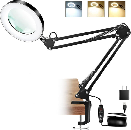 10X Magnifying Glass - Real Glass Lens with Dimmable LED Light & Clamp for Crafts, Reading, Painting