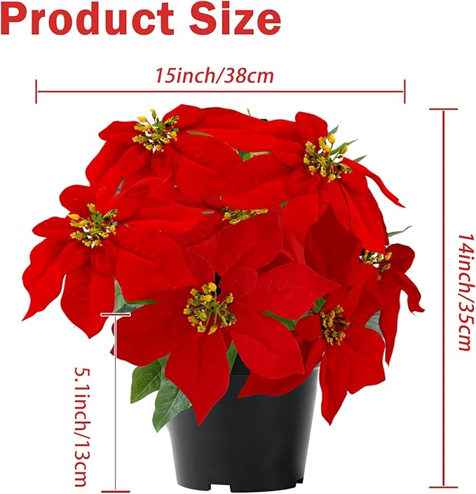 Poinsettia Flowers Artificial Red 14Inch Faux Christmas Poinsettia Plant Winter Flowers for Indoor Outdoor Xmas Ornament Porch Home Garden Decorations