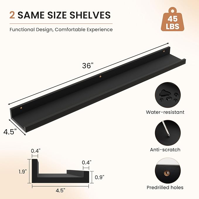 Dreamland Picture Ledge Shelf for Wall, Floating Shelves Set of 2, 36 Inch Long Floating Shelves with Lip for Living Room, Bedroom, Bathroom, Kitchen, Black