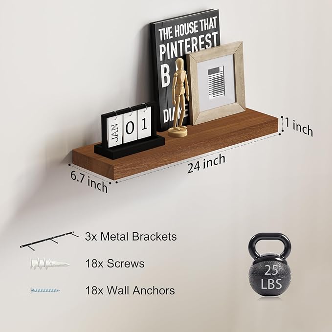 SAUMONIERES Floating Wall Shelves for Bedroom Bathroom Wall Mounted Solid Wood Shelf 24 Inch Set of 3, Walnut Floating Shelves