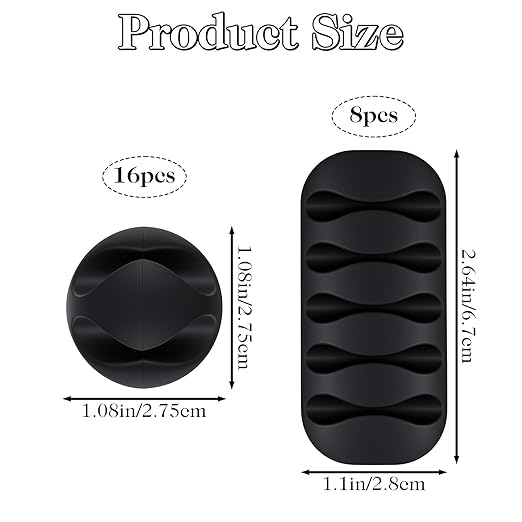 Cable Clips Cord Holder - 24 Pack Black Adhesive Cable Organizer for Desk, Car, Nightstand - Cord Management Clips for Phone Chargers, USB, Computer Cables