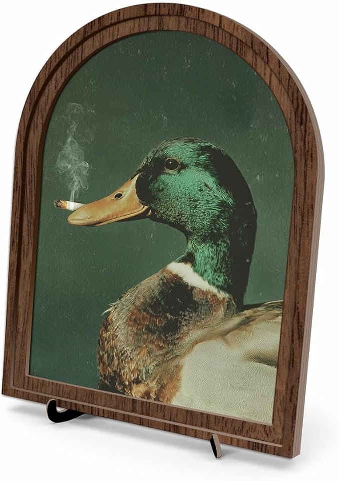 Wooden Sign with Stand Decoration, Mallard Duck Decor Arched Wood Frame Tabletop Decor, Funny Duck Retro Whimsical Print for Bedroom Living Room Desk Mantel Bookshelf Cabin Office