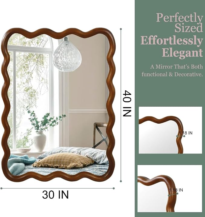 Elountik Wavy Rectangle Solid Wood Decorative Mirror, 30x40 Inches, Black Walnut Frame for Living Room, Bedroom, Bathroom & Entryway Wall Décor