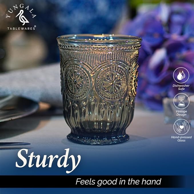 Black Glassware set of 6 smoke drinking glasses, 8 oz water glasses textured colored vintage glass cups dishwasher safe
