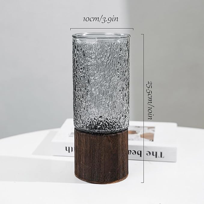 Wooden Vase, Glass Vase with Wooden Base Cylindrical Flower Vase, Classic Boho Rustic Style for Fireplace Bedroom Kitchen Living Room Centerpieces Office Desk, 10" H (Cold Grain)