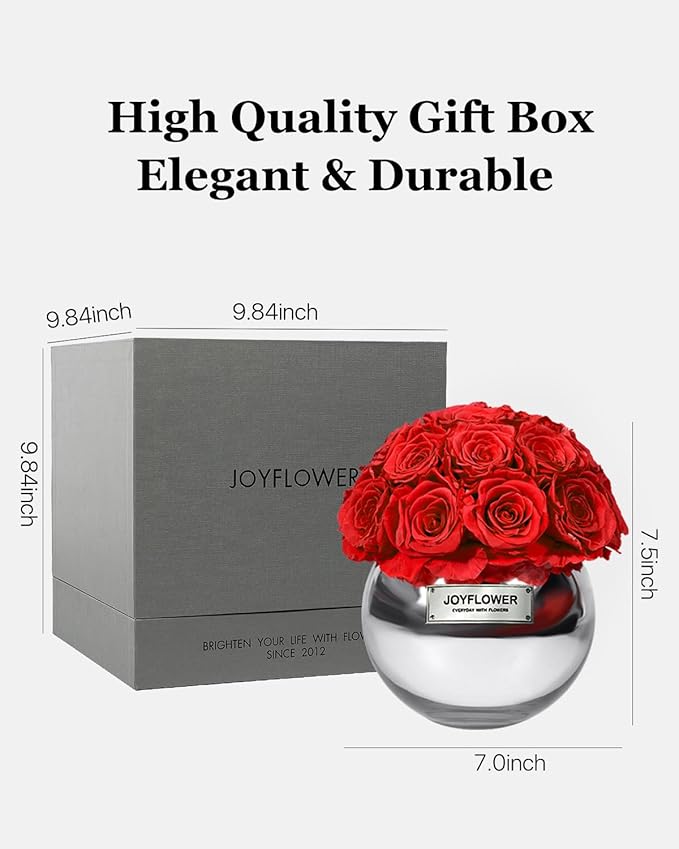 JoyFlower Preserved Flowers for Home Decor, Eternal Flower Real Roses with Glass Vase for Wedding House Bedroom Dining Living Room Office Table Centerpiece Decoration, Housewarming Party Gifts(Red)