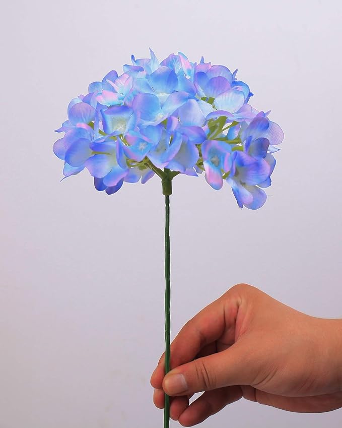 10PCS Silk Hydrangea Heads with Stems Artificial Flowers for Wedding Party Home Decor (Blue & Pink)