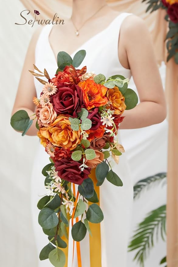 Serwalin 9.8 Inch Wedding Bouquets for Bride Bridesmaid, Orange Burgundy Dahlia Bridal Bouquets for Bride, Wedding Flowers Bouquet, Wedding Ceremony and Anniversary Decor