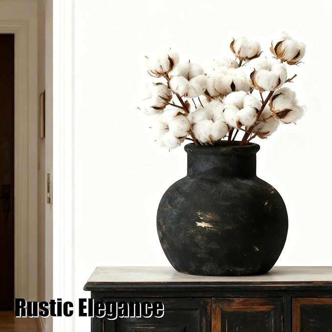 Vintage Ceramic Vases, Distressed Black and Beige, Rustic Farmhouse Decor, Handmade Textured Design for Living Room, Mantel, Coffee Table,Fireplace,Kitchen (Black)