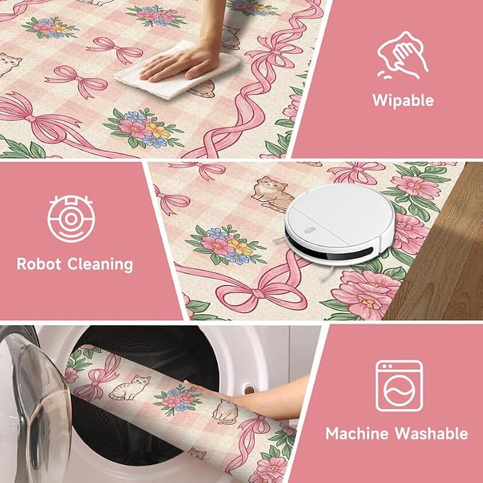 3'x5' Cat Floral Area Rug Pink Bow Flower Carpet Washable Rug Cute Cartoon Boho Floor Mat for Entryway Bedroom Living Room Nursery Playroom Classroom Home Decor