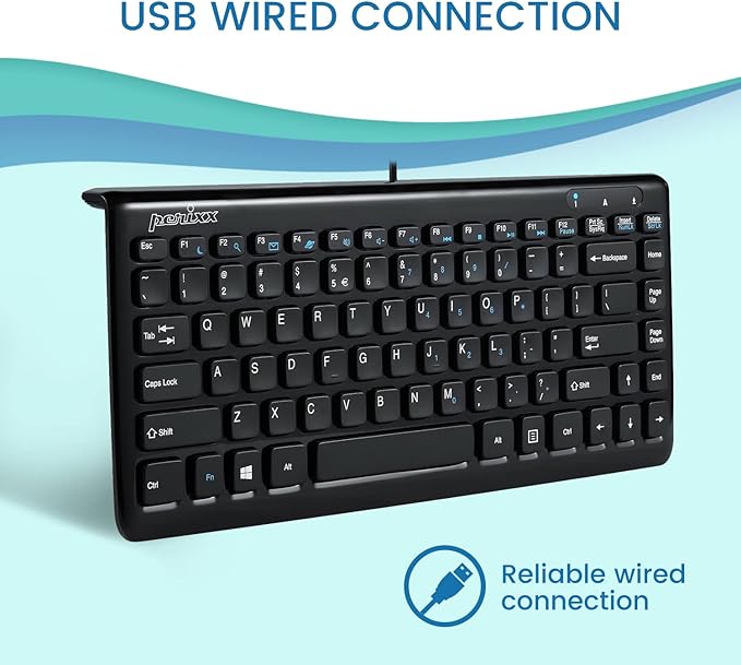 Perixx PERIBOARD-407B US, Wired USB Mini Keyboard with 11 Hot Keys - Glossy Black - US English Layout