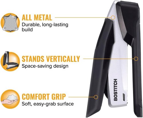 Bostitch Office Executive Metal Desktop Stapler - 3-in-1 Spring Powered with Staple Storage & Remover | 28 Sheet Capacity, Black/Gray