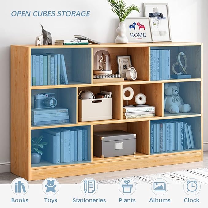 IOTXY Open Shelf Low Bookcase - Wooden 3-Tier Floor Standing Display Cabinet Organizer with Base, 5 Cubes Short Horizontal Bookshelf in Tiffany-Green