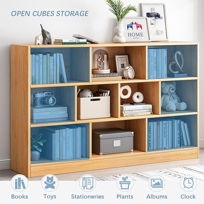 IOTXY Open Shelf Low Bookcase - Wooden 3-Tier Floor Standing Display Cabinet Organizer with Base, 8 Cubes Short Horizontal Bookshelf in Pear Yellow