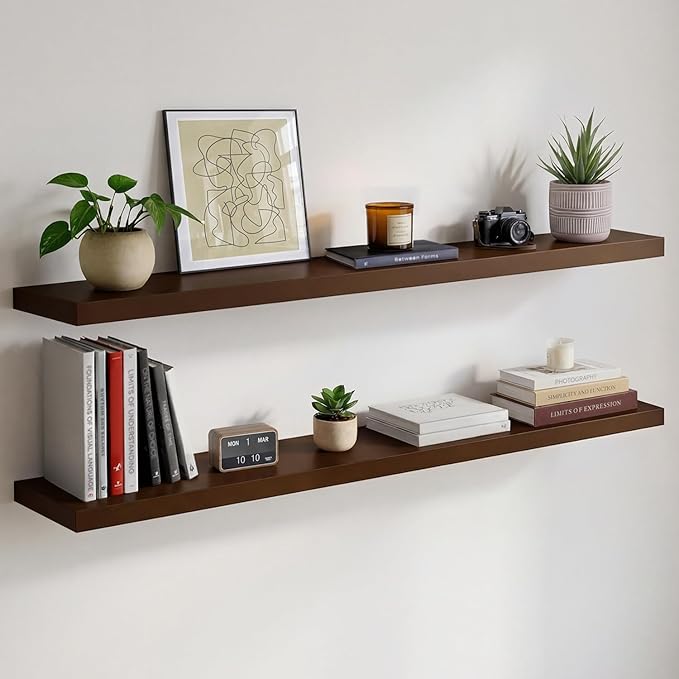 Homeforia 48 inch Walnut Floating Shelf, High End Solid Real Wood Large 48inch Floating Shelves for Wall, Dark Brown 48 inches Long Floating Shelves, Heavy Duty Bracket, 48 X 6.5 X 1.75 inch, Set of 2