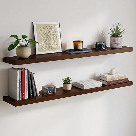 Homeforia 48 inch Walnut Floating Shelf, High End Solid Real Wood Large 48inch Floating Shelves for Wall, Dark Brown 48 inches Long Floating Shelves, Heavy Duty Bracket, 48 X 6.5 X 1.75 inch, Set of 2