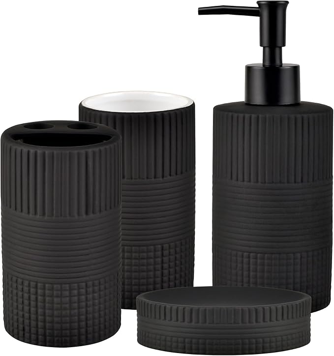 Matte Black Bathroom Accessories Set, 4PC Embossing Ceramic Bathroom Sets Complete-Toothbrush Holders, Soap Dispenser, Soap Dish, Toothbrush Cup, Black Bathroom Decor, Bathroom Countertop Organizer