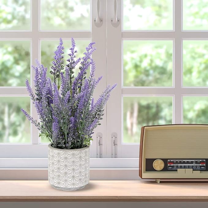 DILATATA Lavender Flowers Artificial Decor in Cement Pot - Faux Plants for Rustic Home, Bathroom, Table Centerpieces, Wedding Decor - Purple Potted Lavender Flower