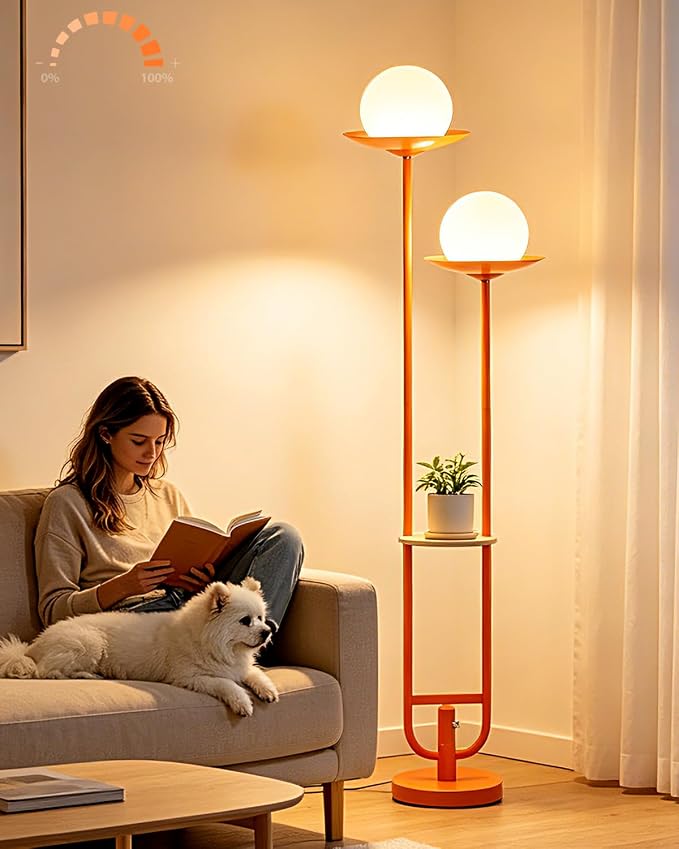 63IN Globe Floor Lamp with Shelf 2-Lights Modern Dimmable Floor Lamps with 3000K Soft Warm White Bulbs for Wedding/Party, Orange Tall Standing Lamp for Living Room/Bedroom/Home Office