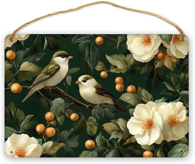 Vintage Bird & Floral Wooden Sign 12x8 Inch, Nostalgic Decor for Retro Lounges, Ideal Present for Antique Collectors & Nature Illustration Fans